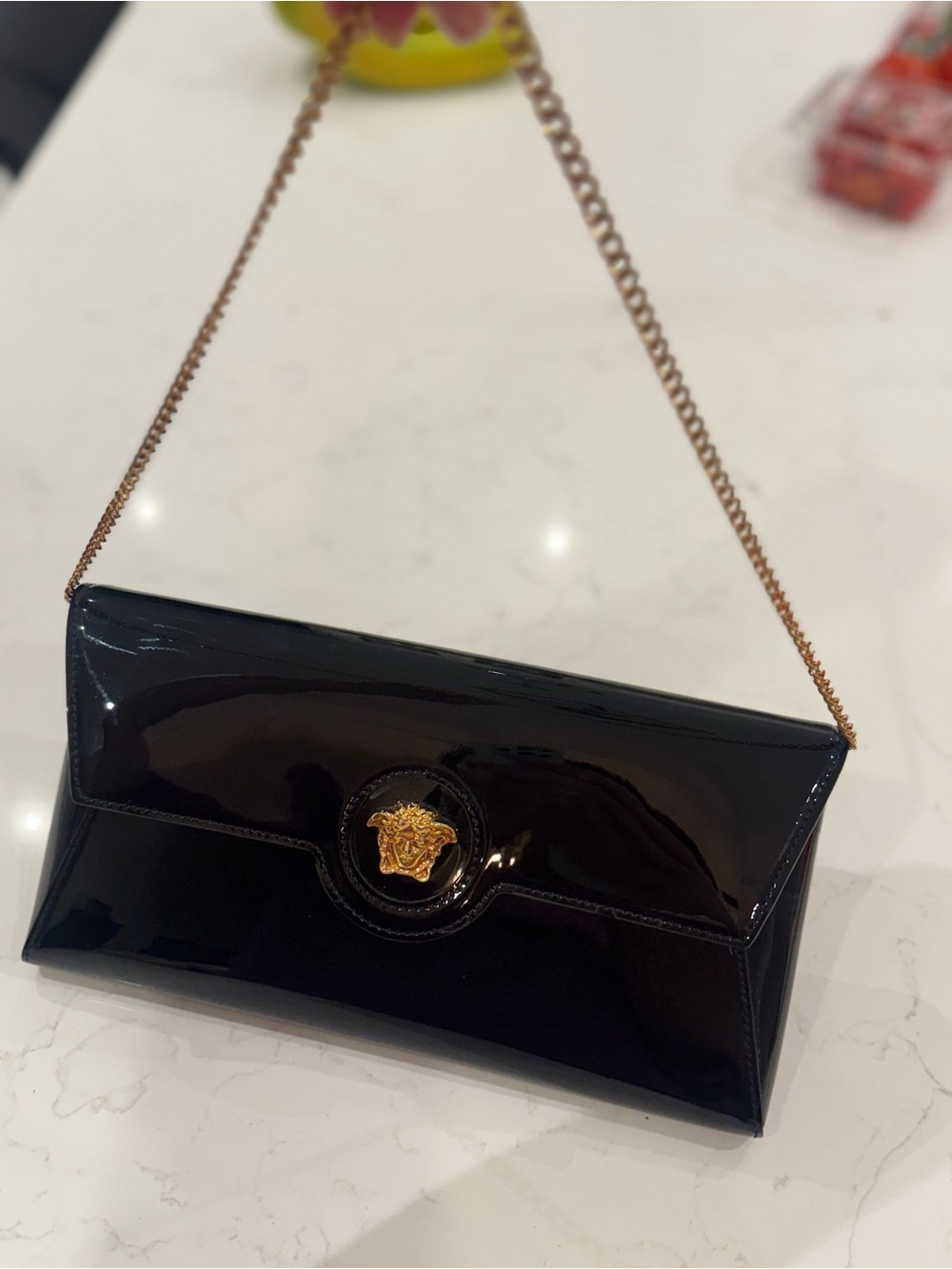 Versace Black Patent Envelope Clutch with Gold Medusa Accent
